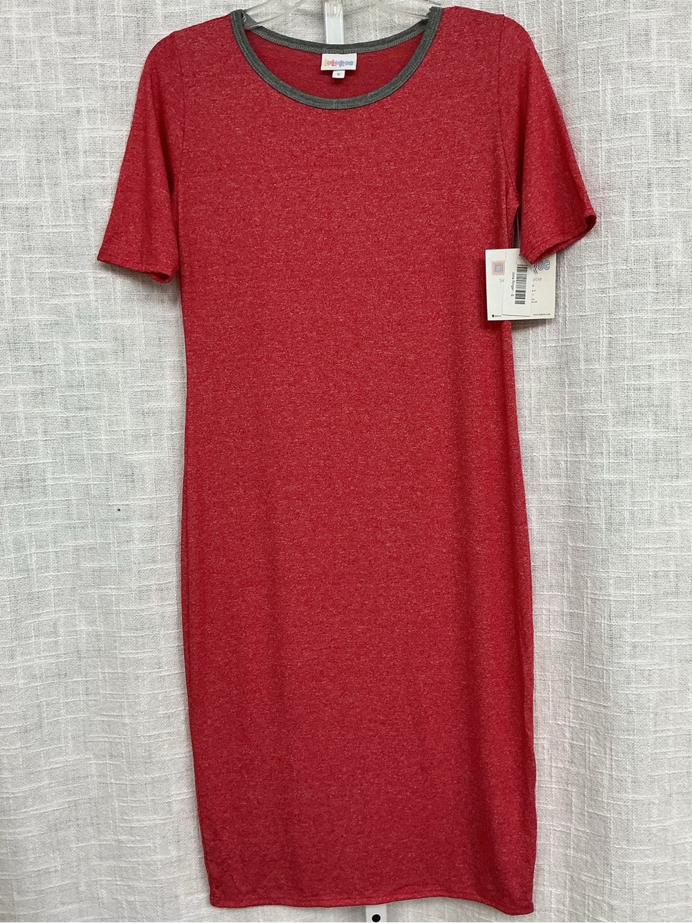 LuLaRoe Julia Ringer Red Midi T-Shirt Dress with Contrast Neck Trim